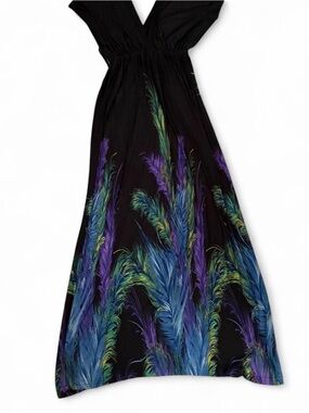 YOINS Black Maxi Skirt with Blue, Purple and Green Feather Print